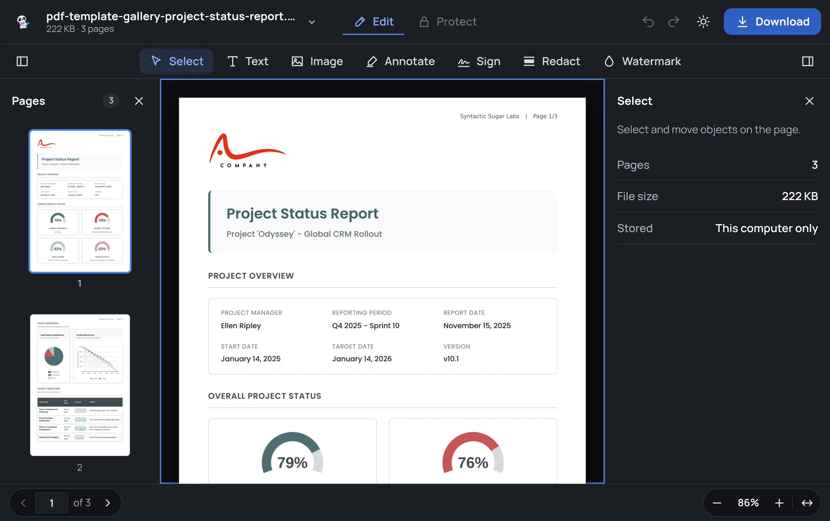 Pandaedits editor interface showing image placement handles on a project status report