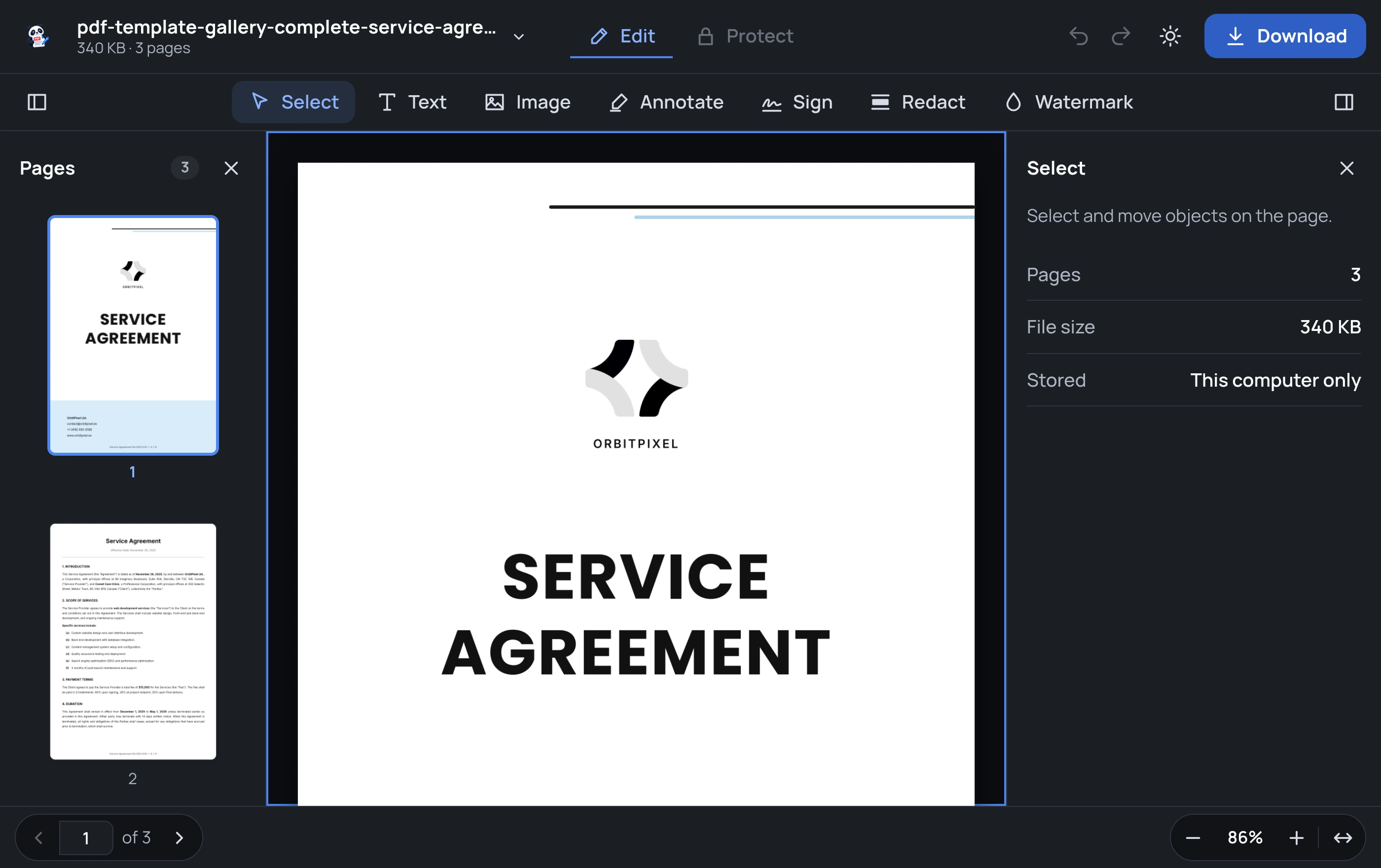 Pandaedits annotation tools showing highlights and arrows on a service agreement PDF