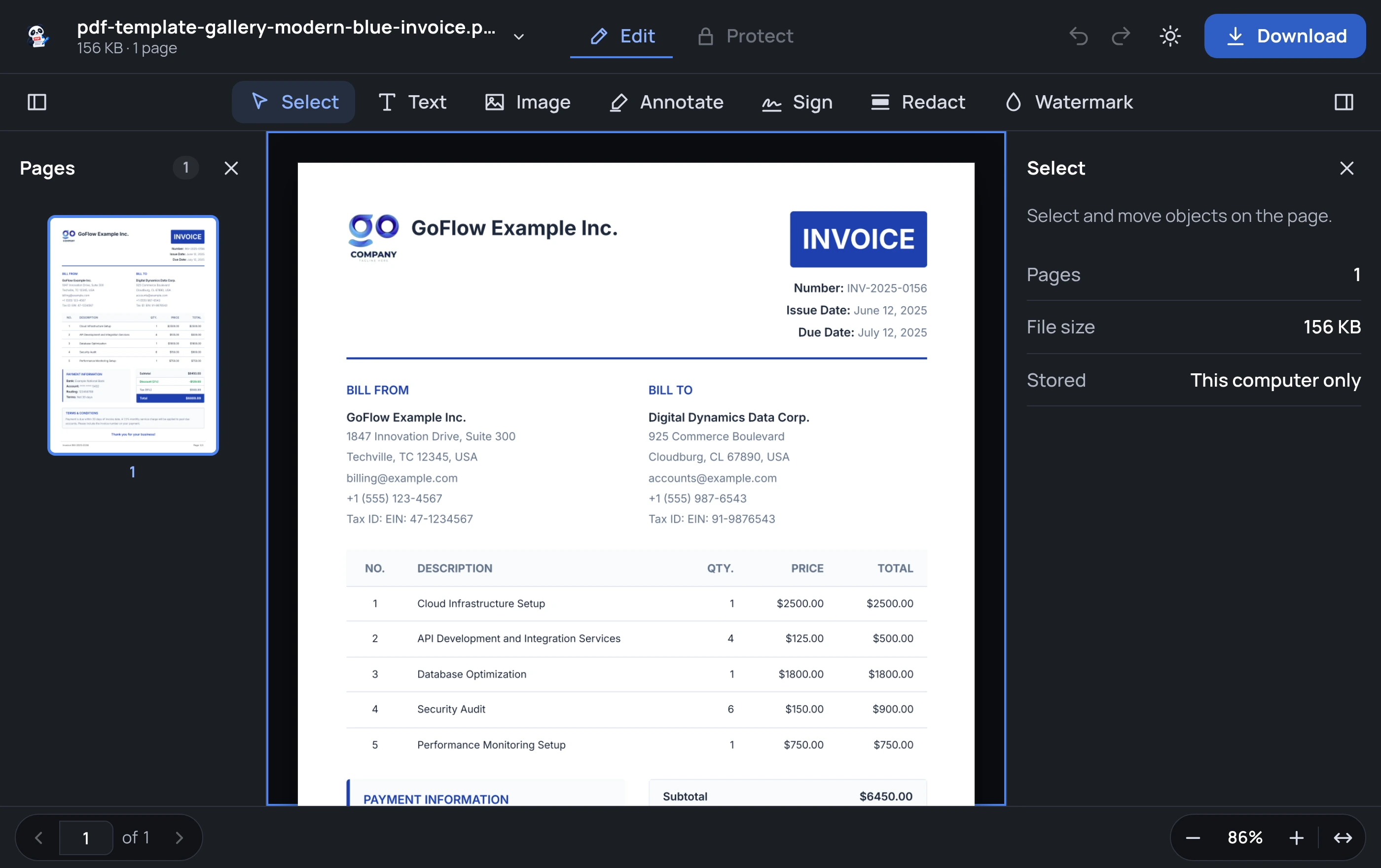 Pandaedits editor interface showing a real invoice PDF with text editing tools active