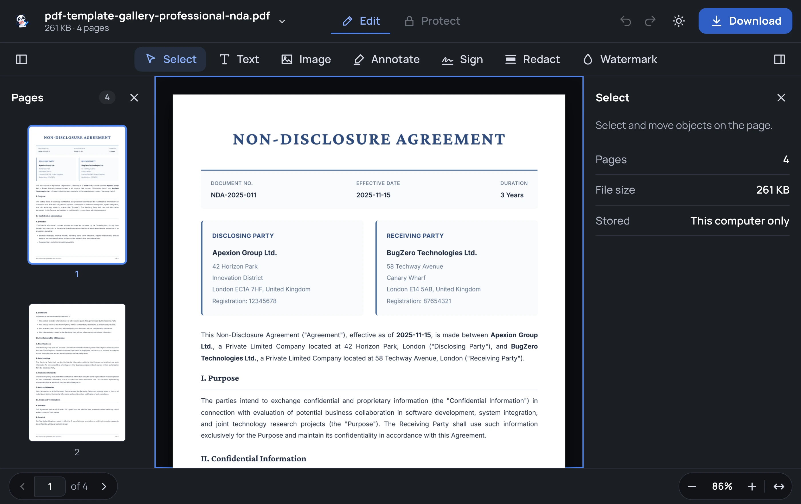 Pandaedits Redact tool showing permanent blackout redactions over confidential legal text