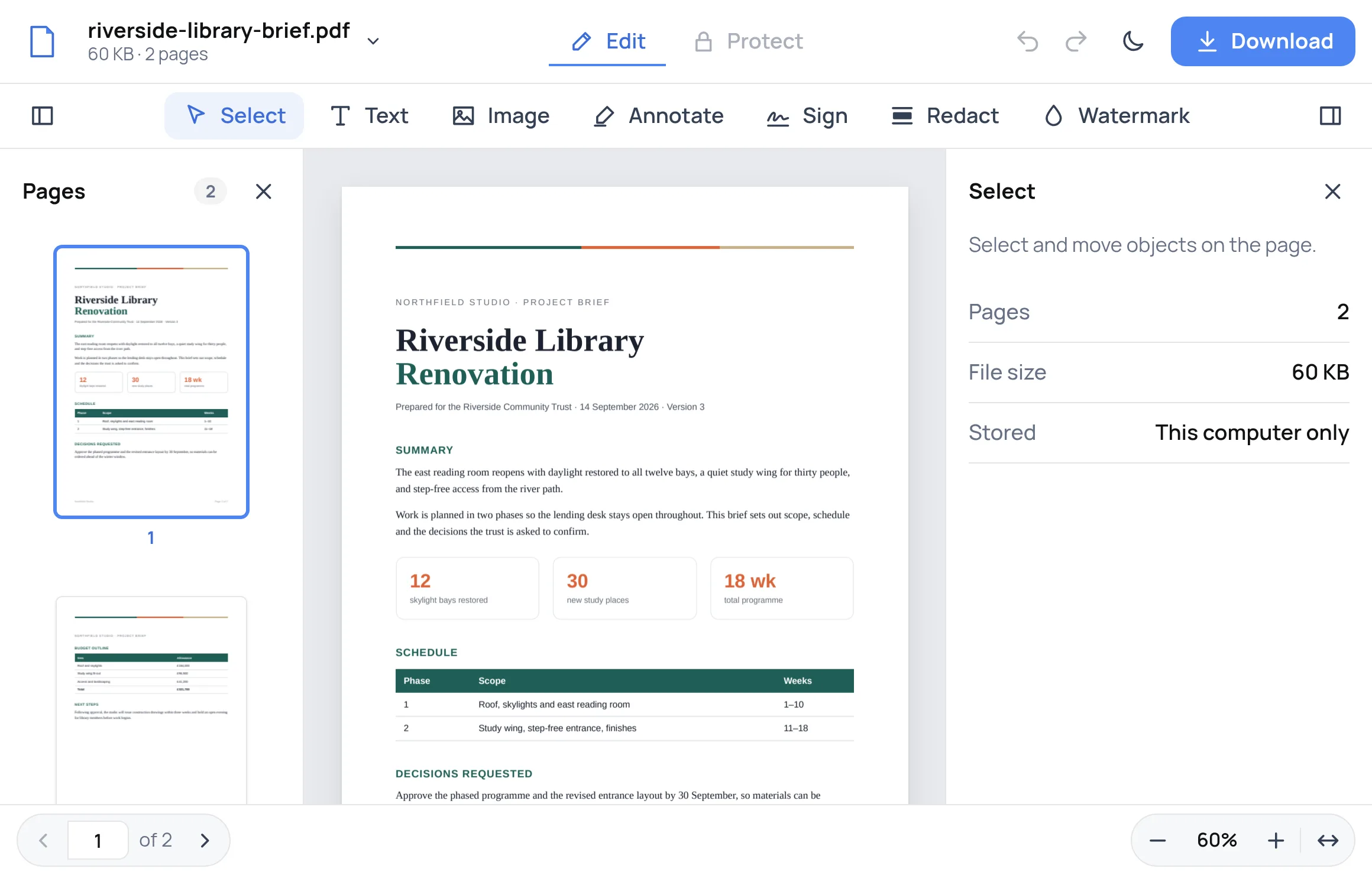 The Pandaedits editor showing a two-page project brief, with page thumbnails and document details